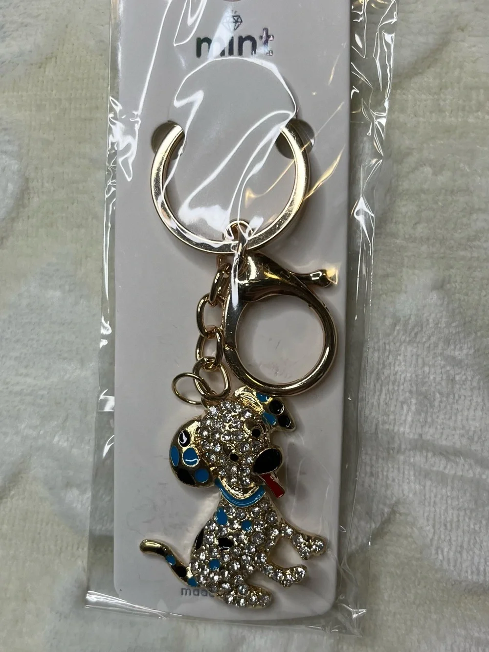 Mint Gold-Tone Blue Crystal Puppy Key & Card Holder Bag Charm